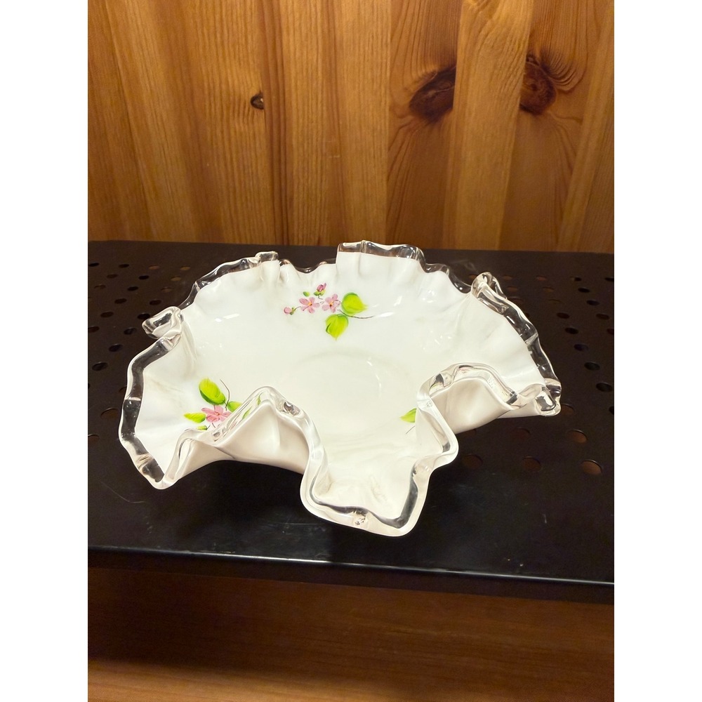 Fenton Milk Glass Hand Painted Floral Bowl Silver Crest Ruffled Edge J Brown